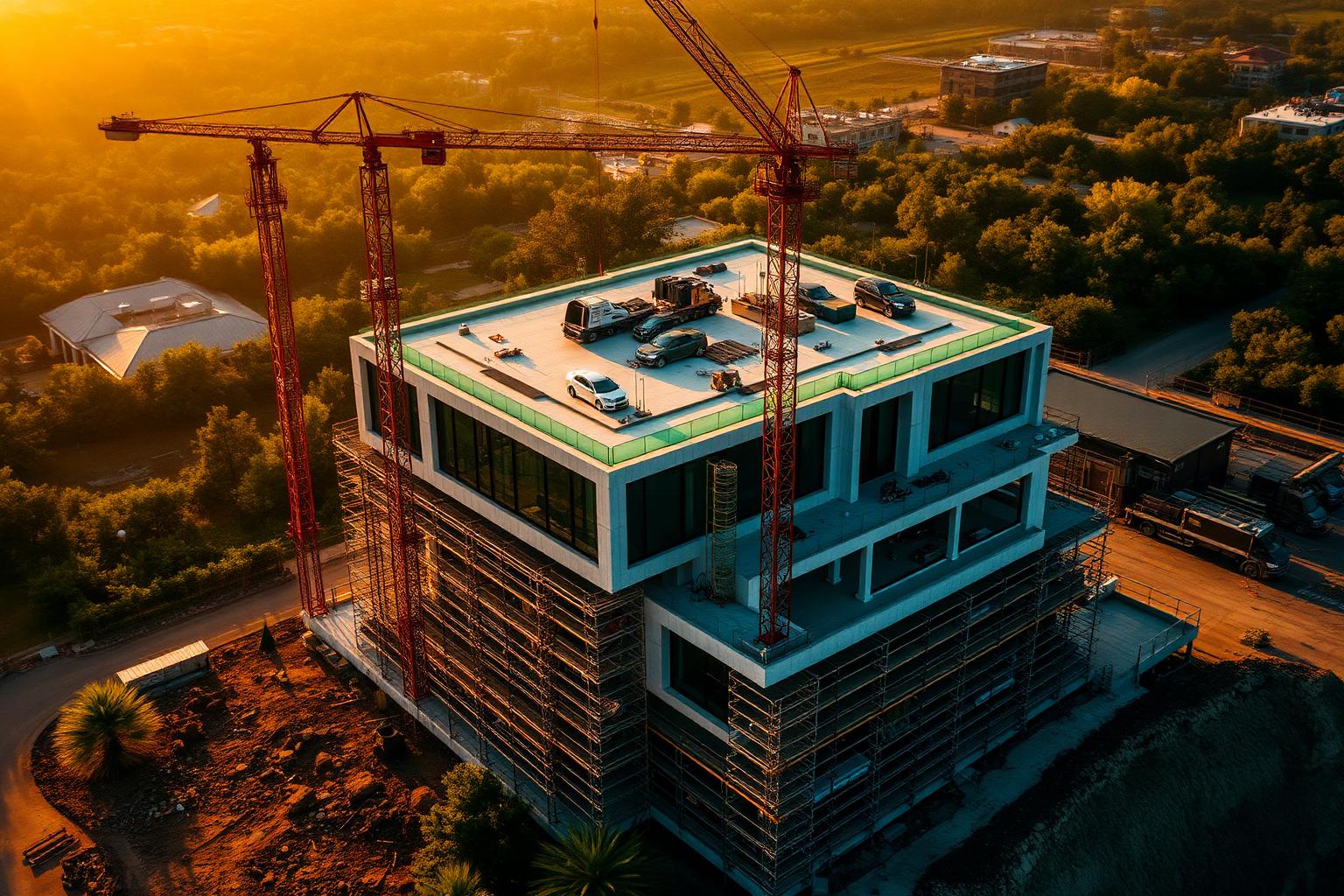 Modern villa under construction at golden hour